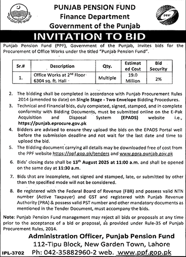 Punjab Pension Fund Finance Department Lahore Tender Notice